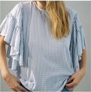 Pilcro Anthropologie Striped Short Ruffle Sleeve Blouse Top Blue White